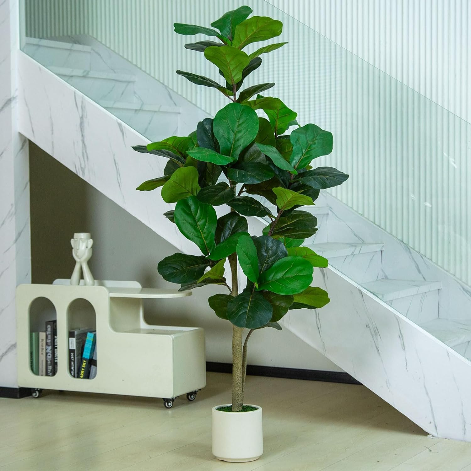 faux 7' fiddle leaf fig tree 5FT Artificial Fiddle Leaf Fig Tree in White Planter Faux IndoorOutdoor Floor Plant with Realistic Leaves for Home & Office Decor