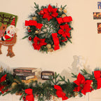 24'' Pre-Lit Artificial Christmas Wreath with 50 Warm White LED Lights, 100 PE Branch Tips, Battery Operated Christmas Wreath with Poinsettias and Ball Ornaments, Hanger Included, Red
