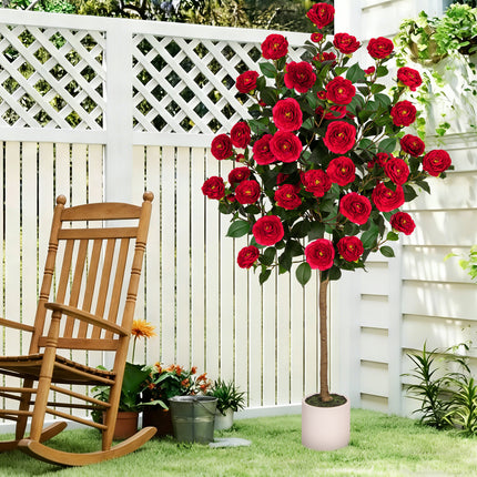 VIVATREES 5ft Artificial Camellia Tree, 60'' Tall Faux Camellia Plant with Red Flowers, UV Resistant Indoor Outdoor Fake Tree with White Planter Pot Included for Living Room Patio Wedding Decor
