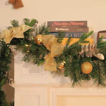 9' Pre-lit Christmas Garland with 50 Warm White Lights, 160 PE Branch Tips, Lighted Battery Operated Artificial Christmas Garland with Poinsettia and Gold Balls for Mantle, Champagne