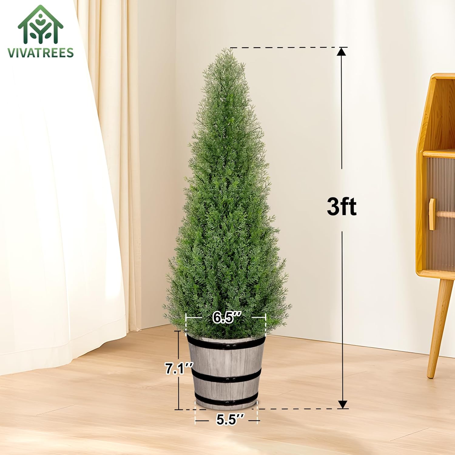 3FT Artificial Cedar Topiary Trees with Rustic Barrel Planter, Outdoor Indoor Realistic Faux Pine Shrubs Plants, Fake Cypress Trees for Home Offices Porch Decor, Set of 2