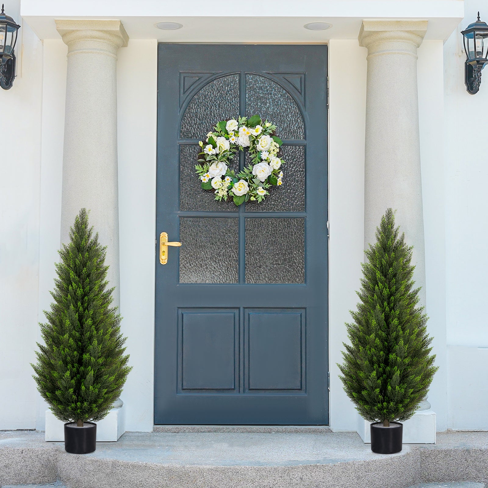 VIVATREES 2Pack 5ft Outdoor Artificial Cedar Topiary Trees, All-Weather Faux Pine for Home Porch Entryway Decor