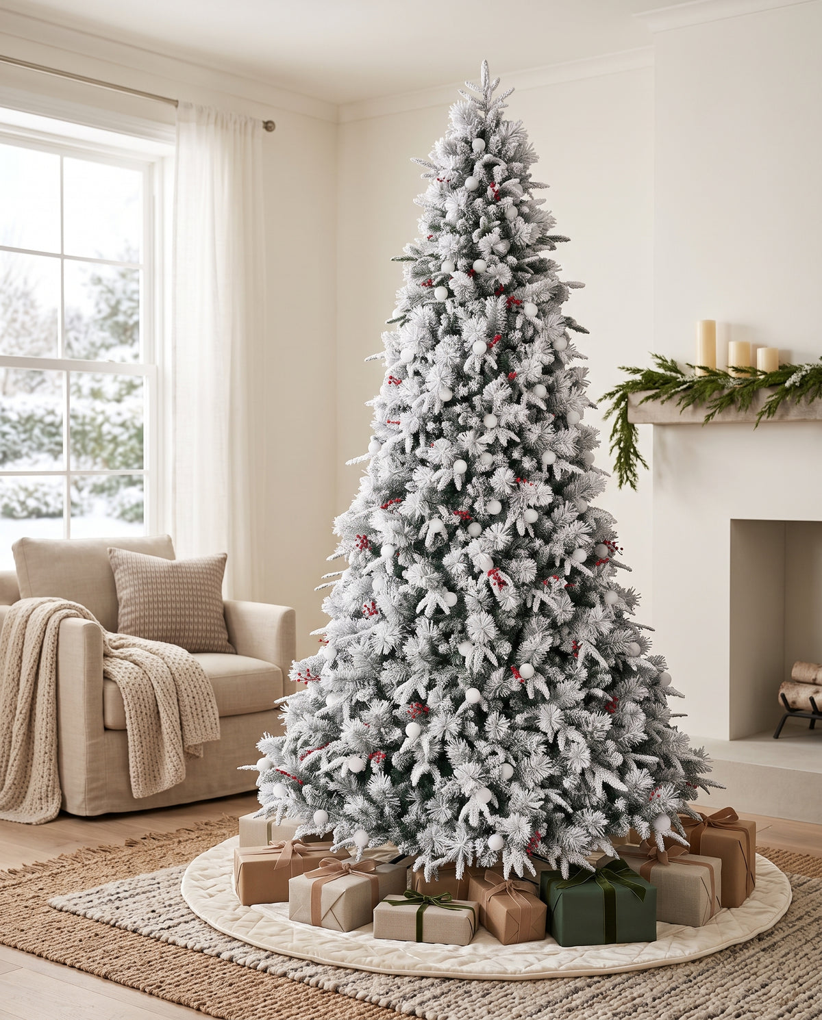 9' Woodland Flocked Pine Artificial Christmas Tree with 600 Warm White & Color LED Lights