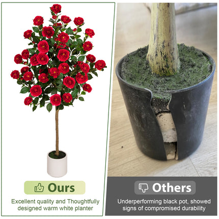 VIVATREES 5ft Artificial Camellia Tree, 60'' Tall Faux Camellia Plant with Red Flowers, UV Resistant Indoor Outdoor Fake Tree with White Planter Pot Included for Living Room Patio Wedding Decor
