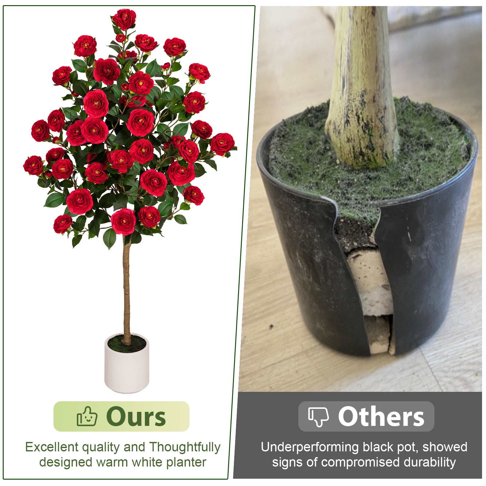 VIVATREES 5ft Artificial Camellia Tree, 60'' Tall Faux Camellia Plant with Red Flowers, UV Resistant Indoor Outdoor Fake Tree with White Planter Pot Included for Living Room Patio Wedding Decor