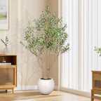 Olive Tree Artificial Indoor, 7FT Tall Faux Olive Tree with 16in Round White Planter, Artificial Plants with Natural Wood Trunk and Lifelike Fruits for Home Office Decor