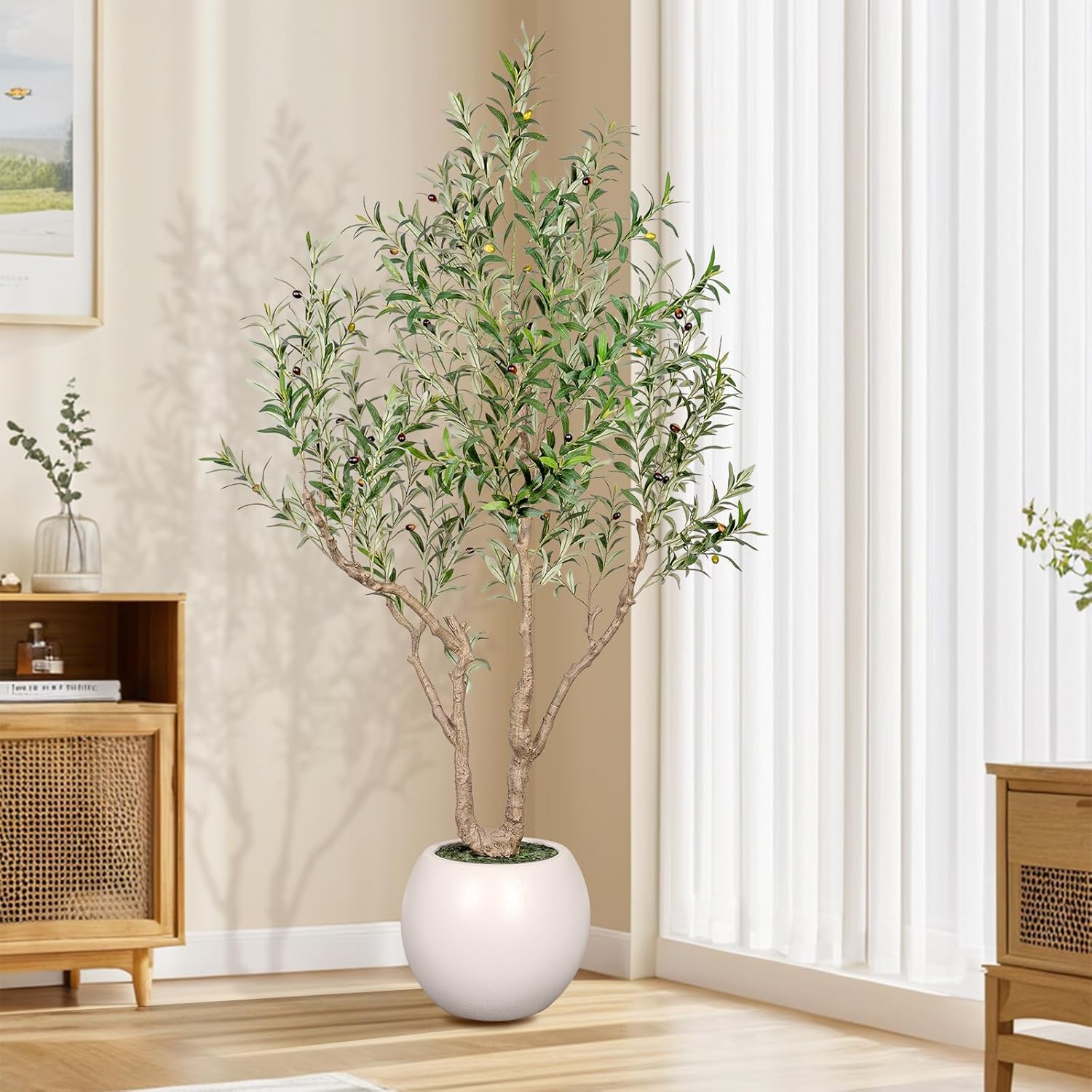 Olive Tree Artificial Indoor, 7FT Tall Faux Olive Tree with 16in Round White Planter, Artificial Plants with Natural Wood Trunk and Lifelike Fruits for Home Office Decor