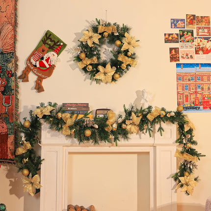9' Pre-lit Christmas Garland with 50 Warm White Lights, 160 PE Branch Tips, Lighted Battery Operated Artificial Christmas Garland with Poinsettia and Gold Balls for Mantle, Champagne