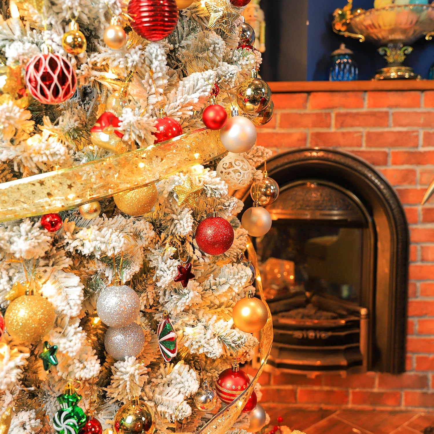 VIVATREES 6.5'/7.5'/9' Snow Flocked Prelit Christmas Tree with Pine Cones, Warm White Lights, Metal Stand and Hinged Branches
