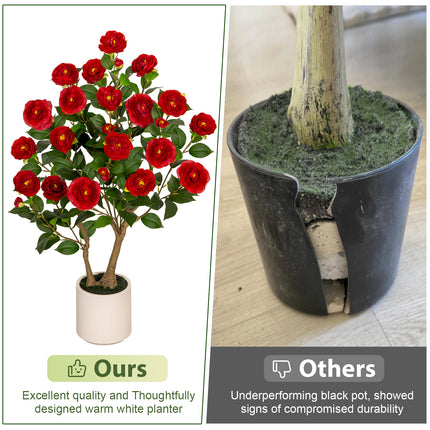 VIVATREES 3ft Artificial Camellia Tree 2 Pack, 36'' Tall Faux Camellia Plant with Red Flowers, UV Resistant Indoor Outdoor Fake Tree with White Planter Pot Included for Home Patio Wedding Decor