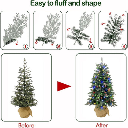 4' Prelit Christmas Tree with 150 Color Changing LED Lights, Artificial Decorated Burlap Christmas Tree with 643 PE & PVC Branch Tips, 10 Color Modes
