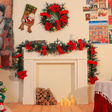 9' Pre-lit Christmas Garland with 50 Warm White Lights, 160 PE Branch Tips, Lighted Artificial Christmas Garland with Poinsettias and Ball Ornaments for Decor, Battery Operated, Red