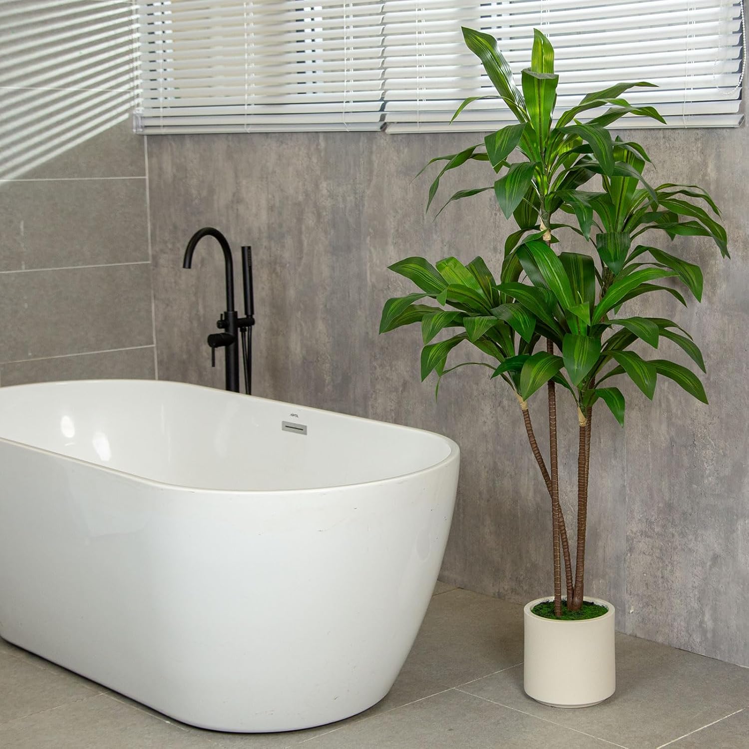 6FT/5FT Tall Faux Dracaena Tree Artificial Plant with Natural Wood Trunk & Vibrant Green Leaves in White Planter