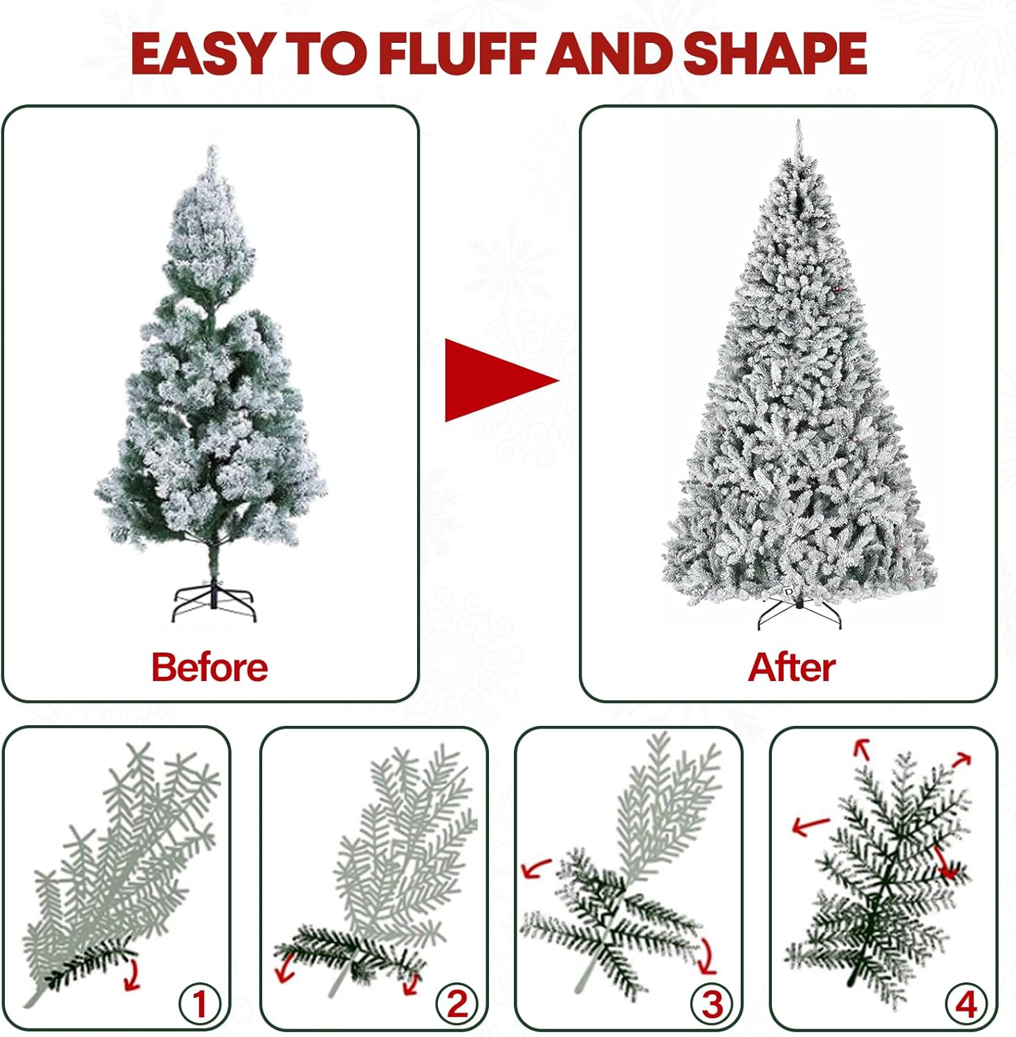 Vivatrees 6.5'/7.5'/9' Prelit Snow Flocked Christmas Tree with Pine Cones and Berries, Color Changing LED Lights, Branch Tips, Metal Stand and Hinged Branches, 10 Color Modes