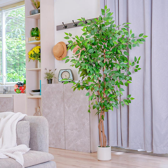 6FT Artificial Ficus Tree with White Planter, Realistic Faux Silk Indoor Outdoor Plant for Home Office Living Room, Porch, Garden Decor