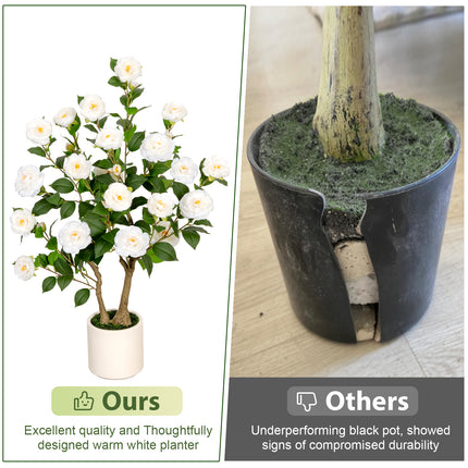 VIVATREES 3ft Artificial Camellia Tree 2 Pack, 36'' Tall Faux Camellia Plant with White Flowers, UV Resistant Indoor Outdoor Fake Tree with White Planter Pot Included for Home Patio Wedding Decor