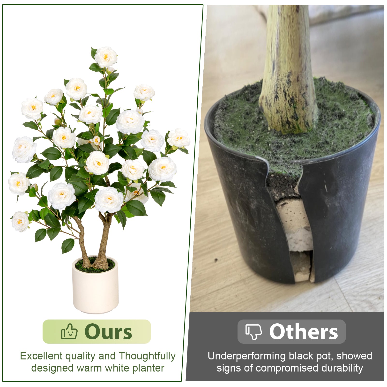 VIVATREES 3ft Artificial Camellia Tree 2 Pack, 36'' Tall Faux Camellia Plant with White Flowers, UV Resistant Indoor Outdoor Fake Tree with White Planter Pot Included for Home Patio Wedding Decor