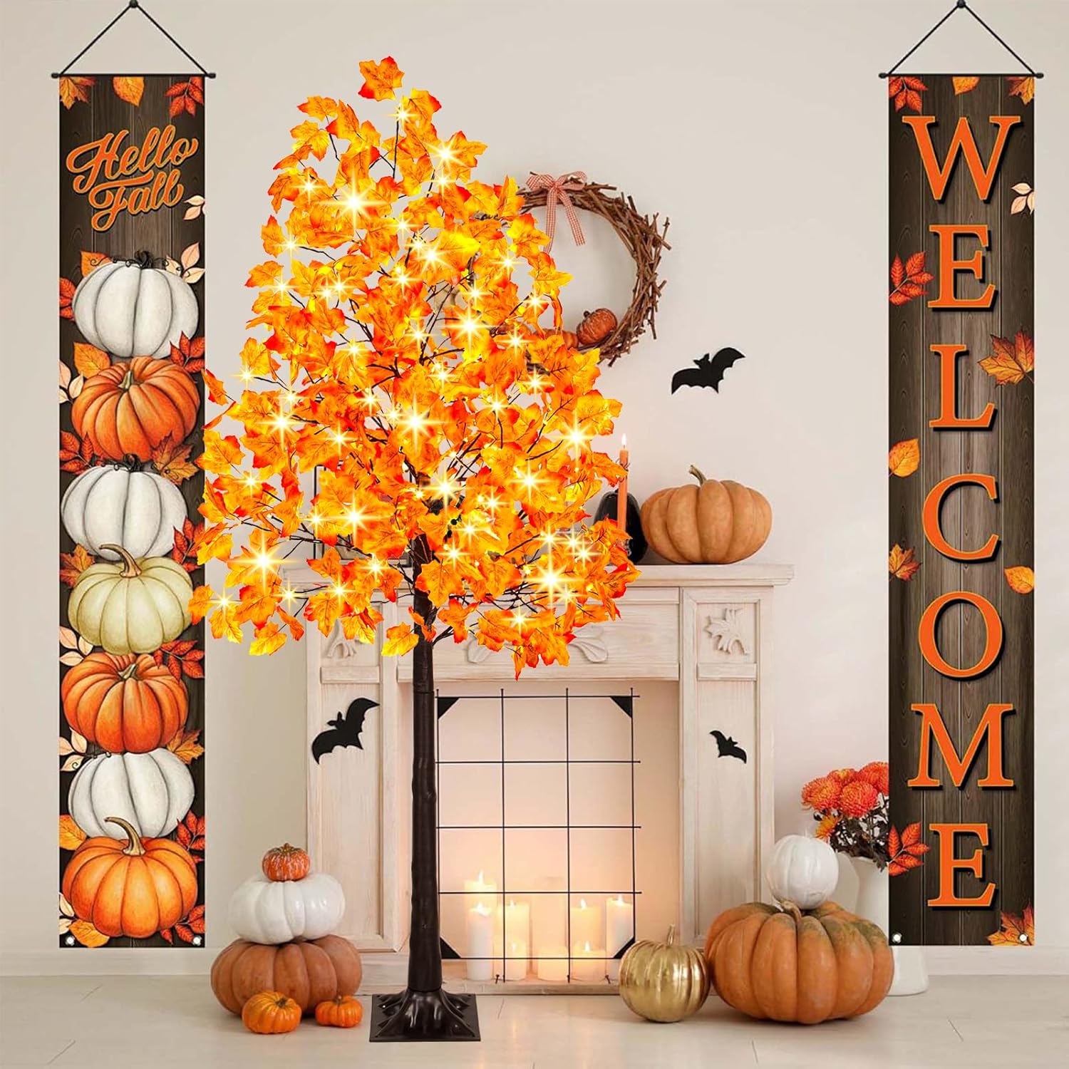 6FT Artificial Lighted Maple Tree, 120LED Tall Tree with Warm White Lights and Maple Leaves for Thanksgiving, Christmas, Autumn Harvest Outdoor Indoor Home Decor, Orange