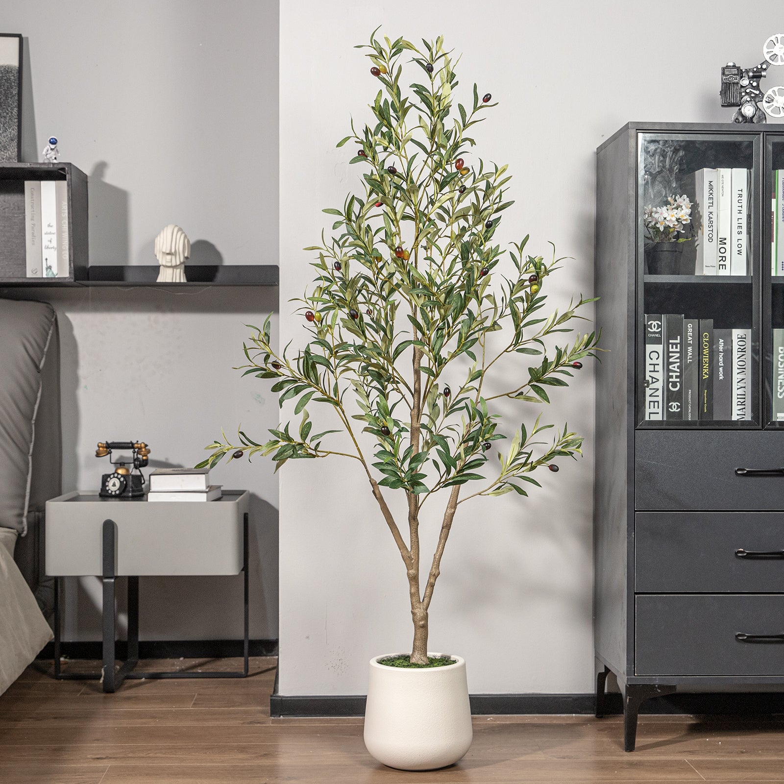 floor plant in white pot 7FT Artificial Olive Tree in White Planter Faux Indoor Plant with Realistic Wood Trunk & Lifelike Fruits for Home/Office Decor