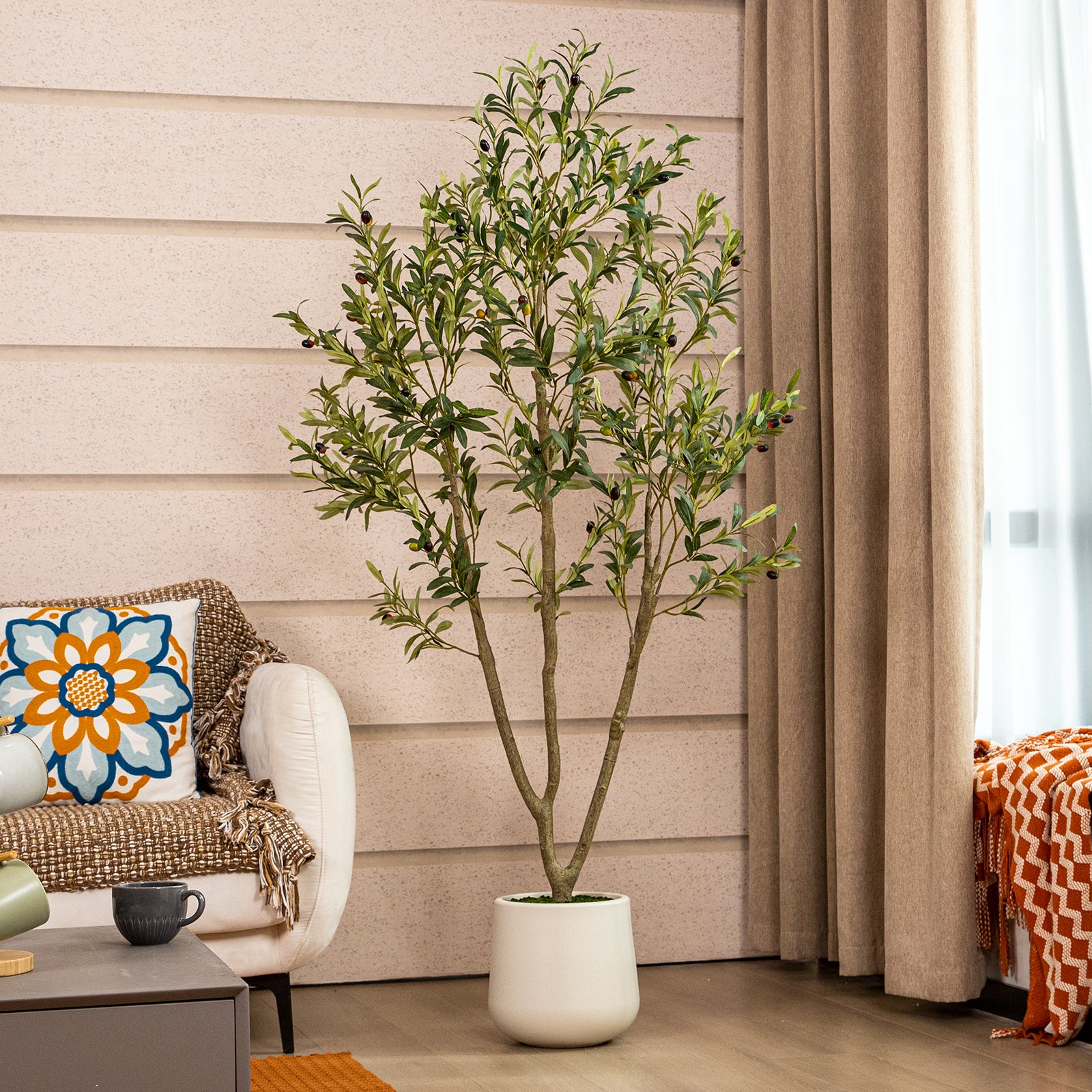 olive indoor plant 7FT Artificial Olive Tree in White Planter Faux Indoor Plant with Realistic Wood Trunk & Lifelike Fruits for Home/Office Decor