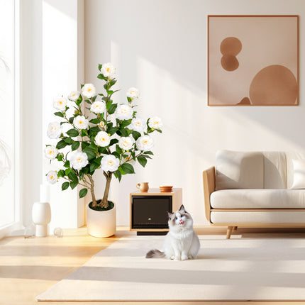 VIVATREES 3ft Artificial Camellia Tree 2 Pack, 36'' Tall Faux Camellia Plant with White Flowers, UV Resistant Indoor Outdoor Fake Tree with White Planter Pot Included for Home Patio Wedding Decor