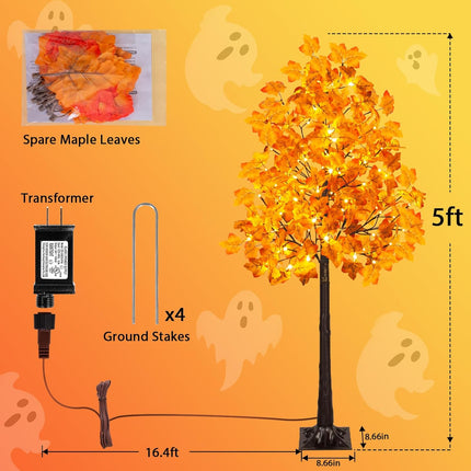5FT Artificial Lighted Maple Tree, 96LED Tall Tree with Warm White Lights and Maple Leaves for Thanksgiving, Christmas, Autumn Harvest Outdoor Indoor Home Decor, Orange