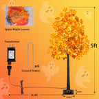 5FT Artificial Lighted Maple Tree, 96LED Tall Tree with Warm White Lights and Maple Leaves for Thanksgiving, Christmas, Autumn Harvest Outdoor Indoor Home Decor, Orange