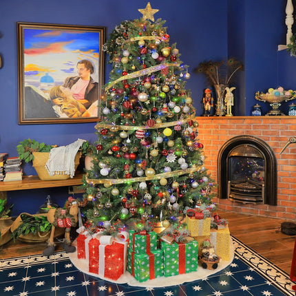 2024 Version 6.5'/7.5'/9' Prelit Artificial Christmas Tree with Color Changing LED Lights, Metal Stand and Hinged Branches, 10 Color Modes