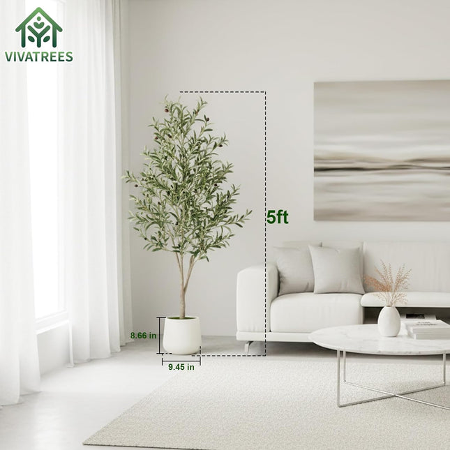 VIVATREES Olive Trees Artificial Indoor, 5 ft Faux Olive Tree with White Planter, Artificial Plants with Natural Wood Trunk and Lifelike Fruits for Home Office Decor