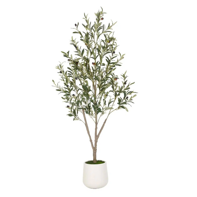 VIVATREES Artificial Olive Tree, 7FT Tall Faux Olive Tree with White Planter, Artificial Plants with Natural Wood Trunk and Lifelike Fruits for Home Office Decor