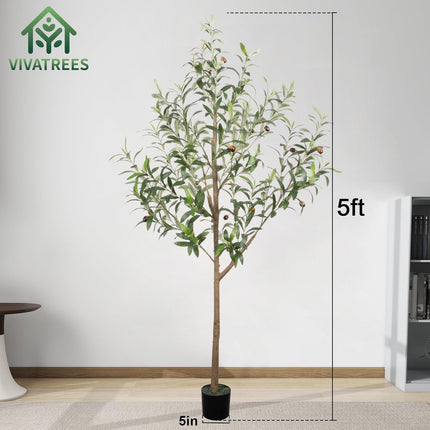 Artificial Olive Tree Tall Faux Silk Tree with White Tall Planter, with Natural Wood Trunk and Lifelike Fruits