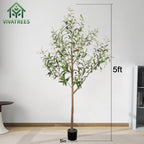 Artificial Olive Tree Tall Faux Silk Tree with White Tall Planter, with Natural Wood Trunk and Lifelike Fruits
