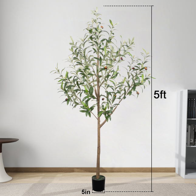 5FT Olive Tree Artificial Indoor, 60in Tall Faux Olive Tree with Pot, Fake Potted Tree with Fruits for Home Office Decor