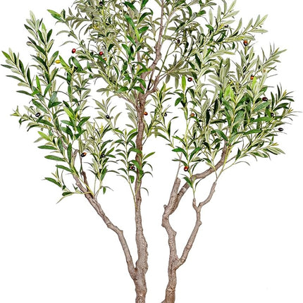 VIVATREES Olive Tree Artificial Indoor, 8FT Tall Faux Olive Tree with 16in Round White Planter, Artificial Plants with Natural Wood Trunk and Lifelike Fruits for Home Office Decor