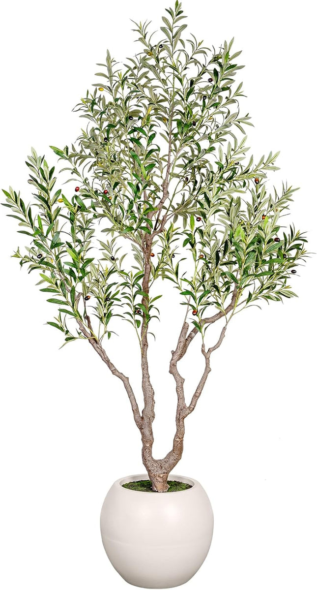 VIVATREES Olive Tree Artificial Indoor, 8FT Tall Faux Olive Tree with 16in Round White Planter, Artificial Plants with Natural Wood Trunk and Lifelike Fruits for Home Office Decor