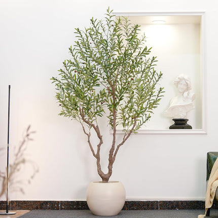VIVATREES Olive Tree Artificial Indoor, 8FT Tall Faux Olive Tree with 16in Round White Planter, Artificial Plants with Natural Wood Trunk and Lifelike Fruits for Home Office Decor