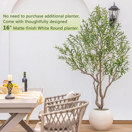 VIVATREES Olive Tree Artificial Indoor, 8FT Tall Faux Olive Tree with 16in Round White Planter, Artificial Plants with Natural Wood Trunk and Lifelike Fruits for Home Office Decor