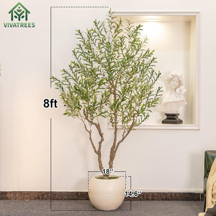 VIVATREES Olive Tree Artificial Indoor, 8FT Tall Faux Olive Tree with 16in Round White Planter, Artificial Plants with Natural Wood Trunk and Lifelike Fruits for Home Office Decor