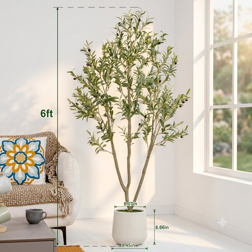 VIVATREES Artificial Olive Tree, 7FT Tall Faux Olive Tree with White Planter, Artificial Plants with Natural Wood Trunk and Lifelike Fruits for Home Office Decor