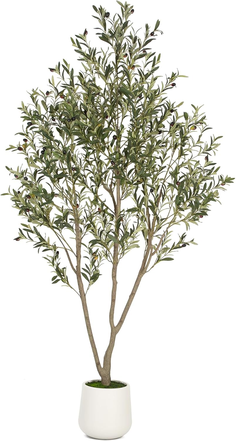 VIVATREES Artificial Olive Tree, 7FT Tall Faux Olive Tree with White Planter, Artificial Plants with Natural Wood Trunk and Lifelike Fruits for Home Office Decor