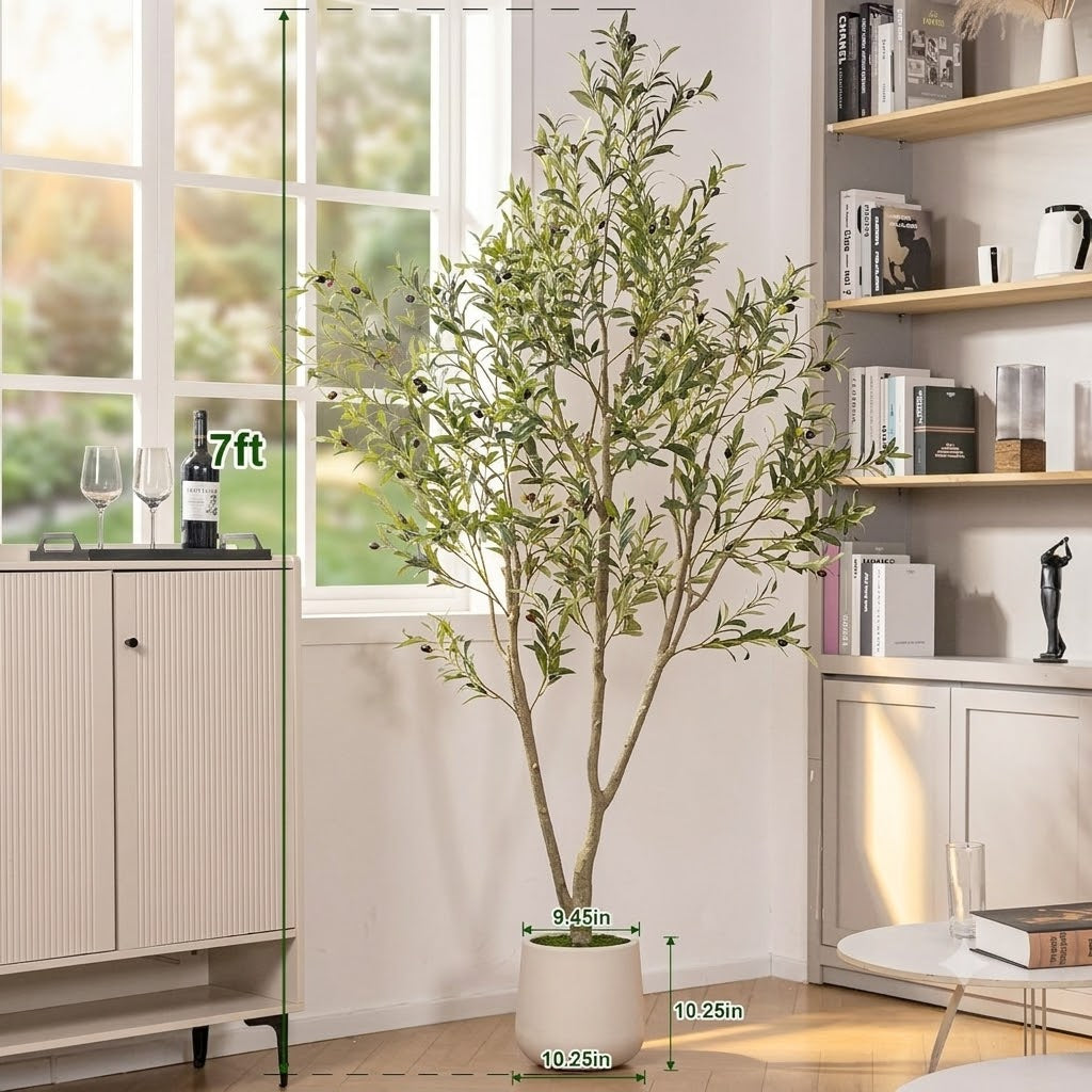 5/6/7/8FT Artificial Olive Tree Tall Faux Potted Plant with Natural Wood Trunk Lifelike Fruit Faux Tree for Home Office Decor