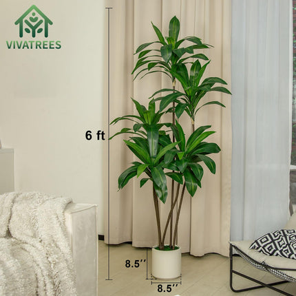 5FT/6FT Artificial Dracaena Tree in White Planter Faux Plant with Realistic Wood Trunk & Lifelike Leaves for Home & Office Decor, Green