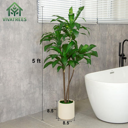 6FT/5FT Tall Faux Dracaena Tree Artificial Plant with Natural Wood Trunk & Vibrant Green Leaves in White Planter