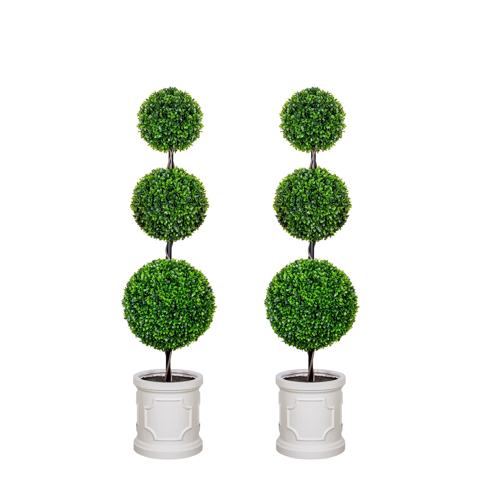 4FT/3FT Artificial Triple Ball Topiary Trees with Roman Style Vintage White Planter Pot, Outdoor Indoor Realistic Faux Shrubs Plants, Fake Trees for Home Offices Porch Decor, Set of 2