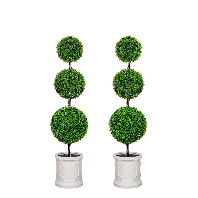 4FT/3FT Artificial Triple Ball Topiary Trees with Roman Style Vintage White Planter Pot, Outdoor Indoor Realistic Faux Shrubs Plants, Fake Trees for Home Offices Porch Decor, Set of 2