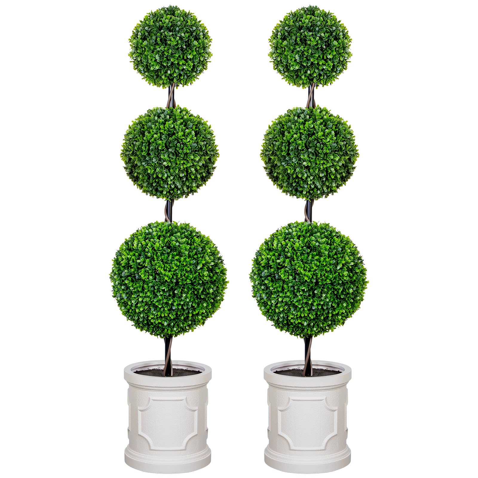 3FT/4FT Artificial Triple Ball Topiary Trees with Roman Style Vintage White Planter Pot, Outdoor Indoor Realistic Faux Shrubs Plants, Fake