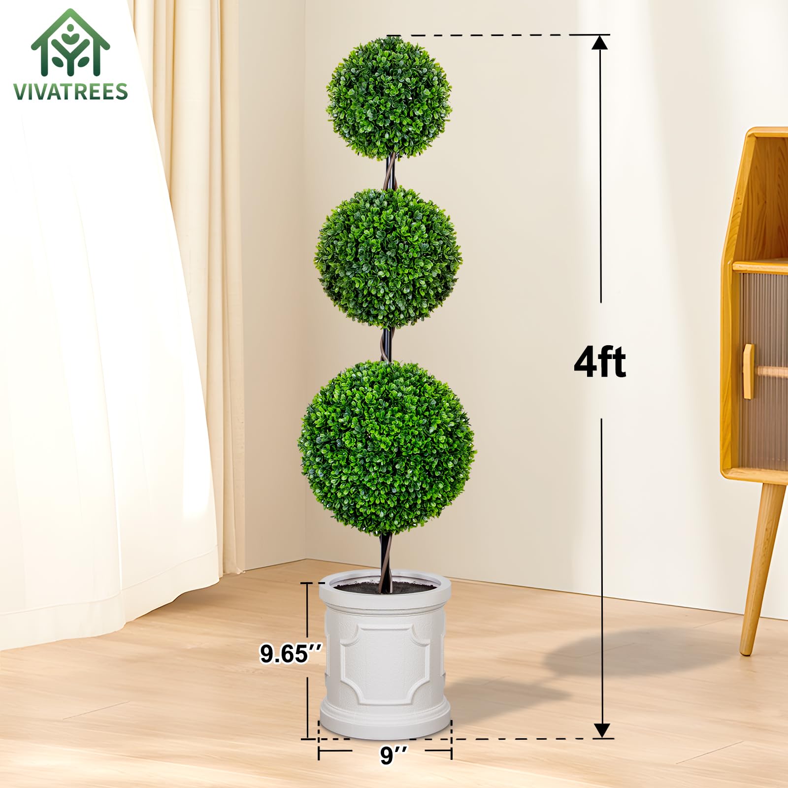 3FT/4FT Artificial Triple Ball Topiary Trees with Roman Style Vintage White Planter Pot, Outdoor Indoor Realistic Faux Shrubs Plants, Fake