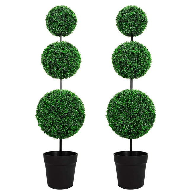 VIVATREES 3ft UV-Resistant Artificial Triple Ball Boxwood Topiary Set of 2, All-Weather Outdoor & Indoor Decor for Garden, Porch, Entryway