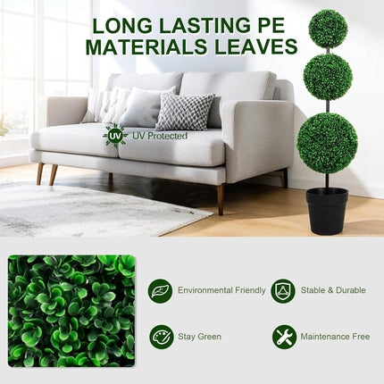 VIVATREES 3ft UV-Resistant Artificial Triple Ball Boxwood Topiary Set of 2, All-Weather Outdoor & Indoor Decor for Garden, Porch, Entryway
