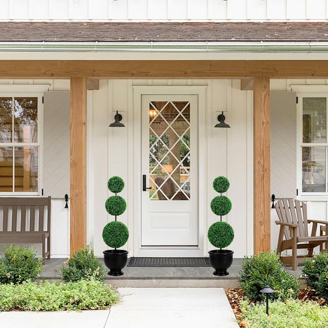 VIVATREES 3ft UV-Resistant Artificial Triple Ball Boxwood Topiary Set of 2, All-Weather Outdoor & Indoor Decor for Garden, Porch, Entryway